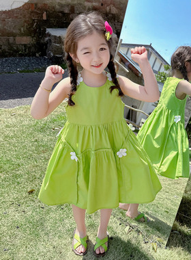 女童夏季公主裙2026新款女宝宝绿花夏天背心连衣裙小女孩洋气裙子