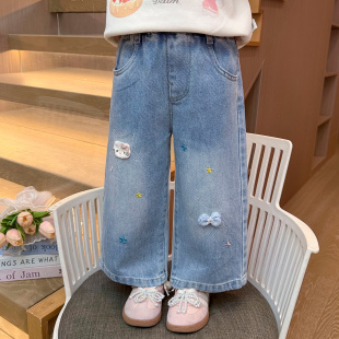 女童牛仔裤春秋款2026新款儿童春季女宝宝猫咪春装直筒裤阔腿裤子