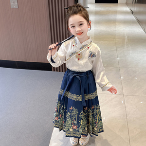 女童孔雀马面裙套装春秋款儿童装中国风唐装女孩宝宝春季春装汉服