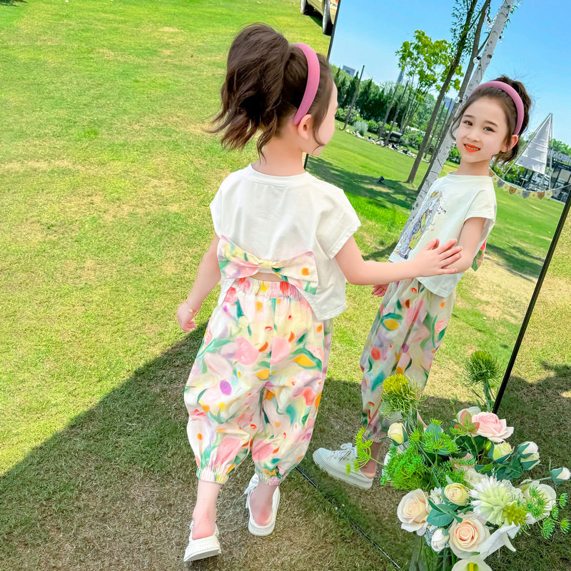 女童露背花朵防蚊裤套装夏季2026新款儿童洋气时髦韩版女宝宝夏装