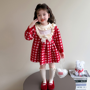 紅格子秋冬款 裙子 兒童針織洋氣毛衣女寶寶秋季 女童連衣裙2025新款