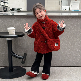 女童加绒毛毛外套冬装2025新款儿童羊羔绒红色加厚拜年服宝宝冬季