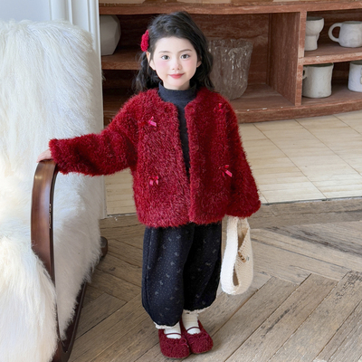 女童红色加绒毛毛衣秋冬季2025新款女宝宝拜年服加厚羊羔毛外套