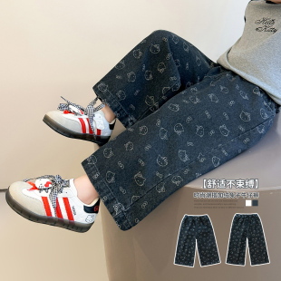 女童牛仔裤春秋款2026新款儿童春季女宝宝猫咪春装直筒裤阔腿裤子