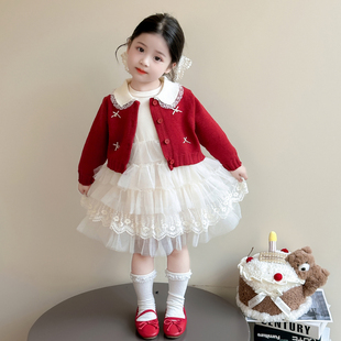 生日女宝宝洋气蝴蝶结毛衣连衣裙套装 女童早秋公主裙子春秋季 秋装