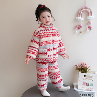 儿童法兰绒三层夹棉睡衣红条宝宝加绒加厚女童秋冬季珊瑚绒家居服