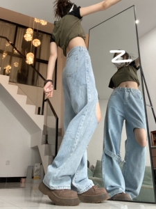 夏季辣妹设计感绑带爱心破洞阔腿牛仔裤女夏高腰DS-B247-K34-P42图片