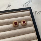 红色方形宝石耳钉耳环法式 复古高级气质方糖微镶满钻耳钉博主