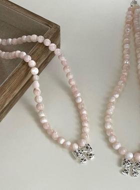 S925纯银粉色马蹄螺串珠项链甜美小众百搭高级感蝴蝶结吊坠