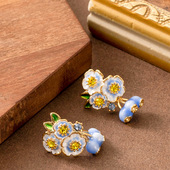 森系甜美精致时尚 镶钻滴油花卉耳钉耳环女高级感百搭个性 银针