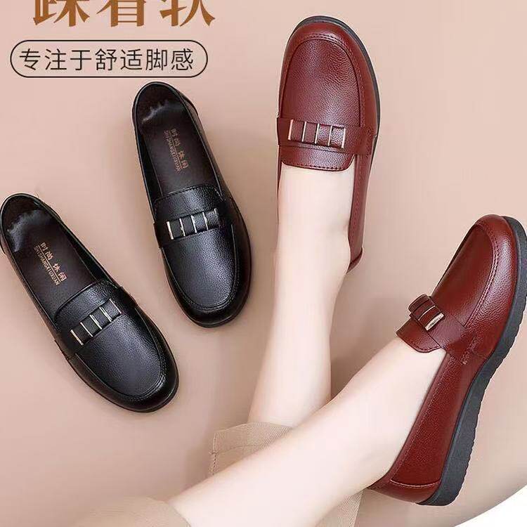 单鞋女平底妈妈鞋2026春夏新款圆头平底防滑软面工作鞋休闲女皮鞋