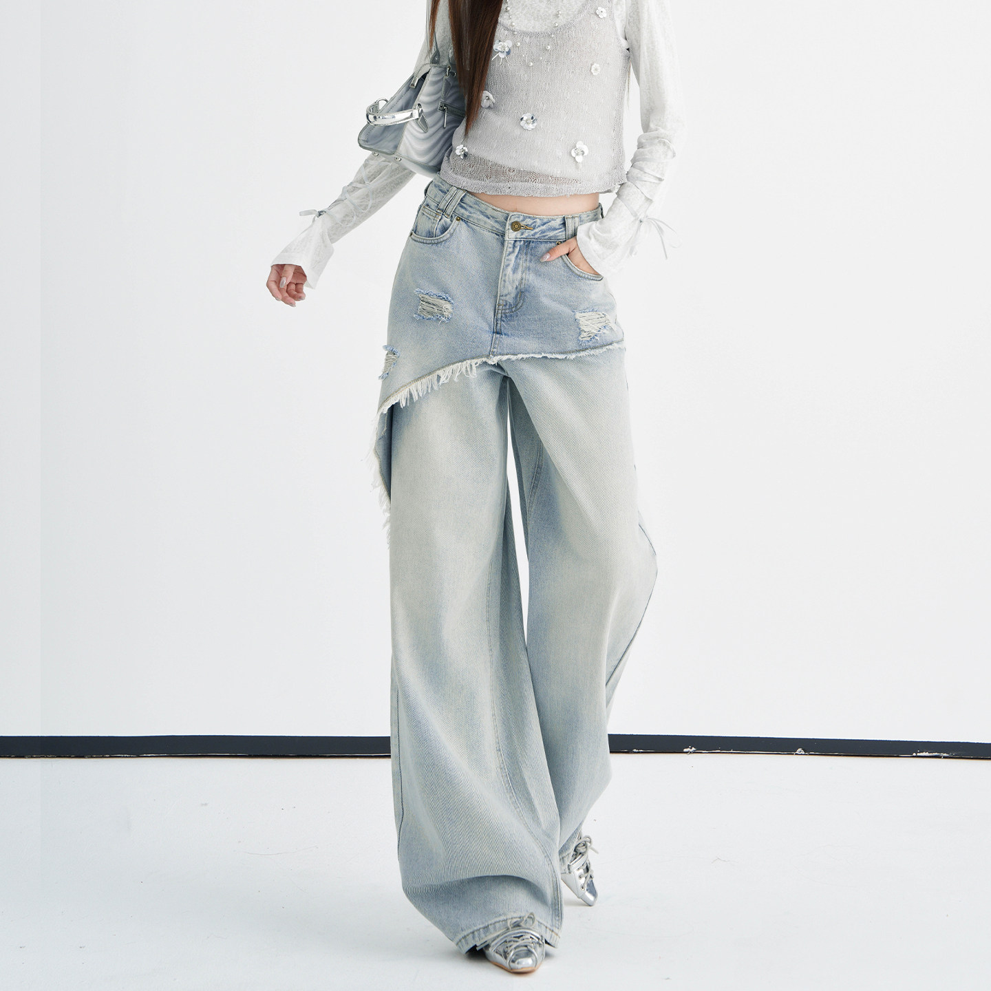 假两件破洞毛边设计阔腿牛仔裤女2026秋装新款韩系小众直筒拖地裤