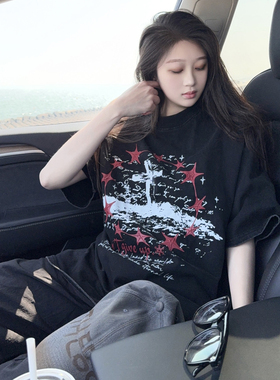 DYXY美式暗黑星星拉浆短袖T恤十字架设计感印花2026夏季新款ins潮