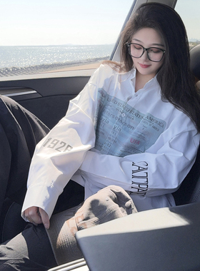 DYXY复古学院风字母印花长袖衬衫男女宽松上衣慵懒风显瘦外套韩版