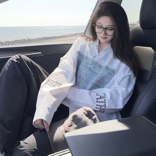 男女宽松上衣慵懒风显瘦外套韩版 DYXY复古学院风字母印花长袖 衬衫