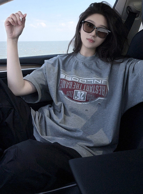 DYXY美式高街破洞设计感小众字母印花短袖T恤潮牌oversize上衣ins