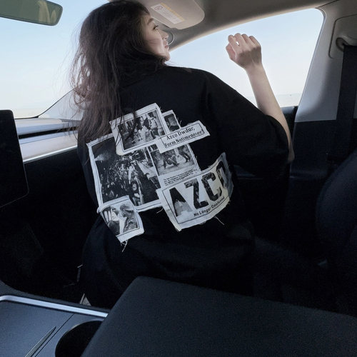 高街破坏风贴布圆领短袖T恤上衣