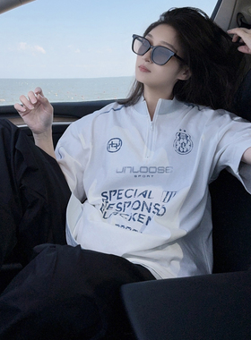 DYXY美式高街oversize拉链假两件潮牌短袖T恤小众简约情侣上衣tee