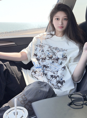 DYXY美式涂鸦风马群个性创意印花2026短袖T恤夏季宽松潮流上衣ins