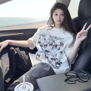 T恤夏季 创意印花2026短袖 宽松潮流上衣ins 涂鸦风马群个性 DYXY美式