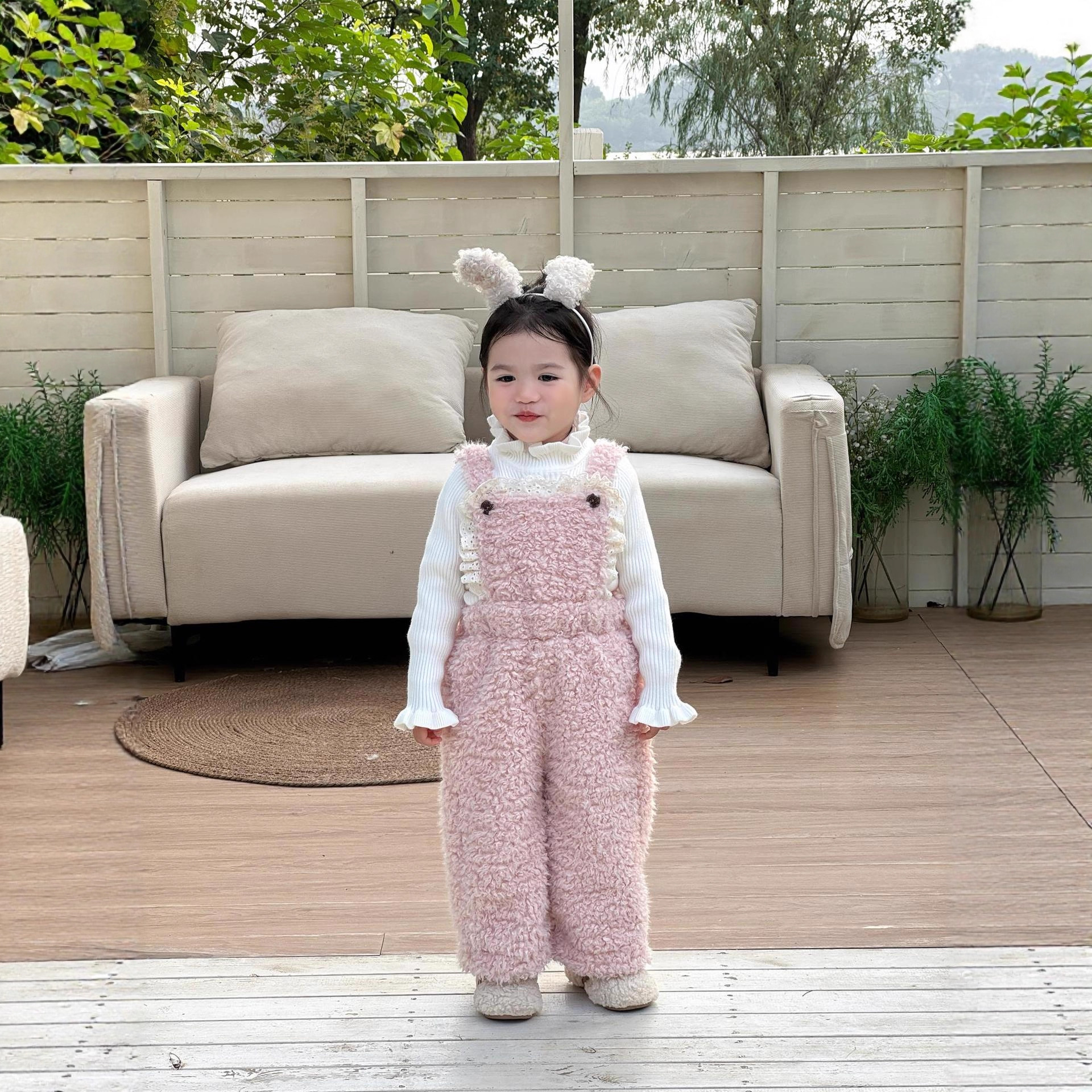 女童秋冬羊羔毛背带裤蕾丝内搭