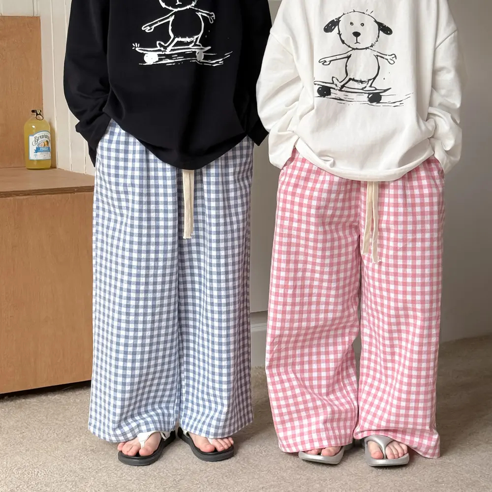 2025春款男女童韩版童装格子系带阔腿裤儿童宽松休闲直筒裤女宝宝