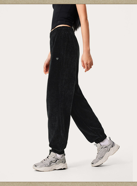 李宁运动生活系列女子灯芯绒柔软舒适宽松束脚卫裤AKLU324-B品