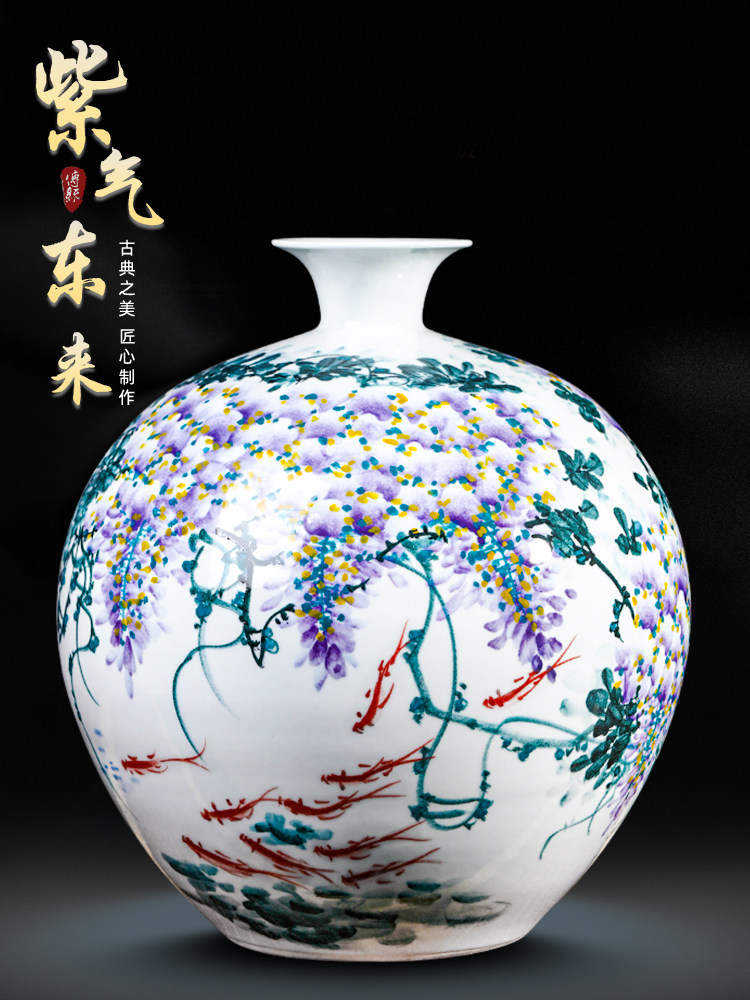 景德镇陶瓷纯手工手绘花瓶摆件客厅插花新中式玄关小口石榴瓶大号