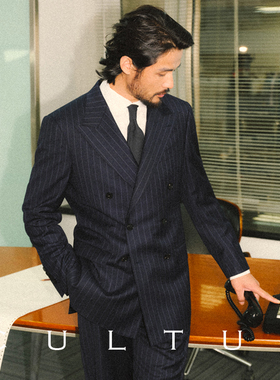 【70澳洲羊毛半麻衬】CULTUM可机洗免熨烫通勤双排条纹西服套装男