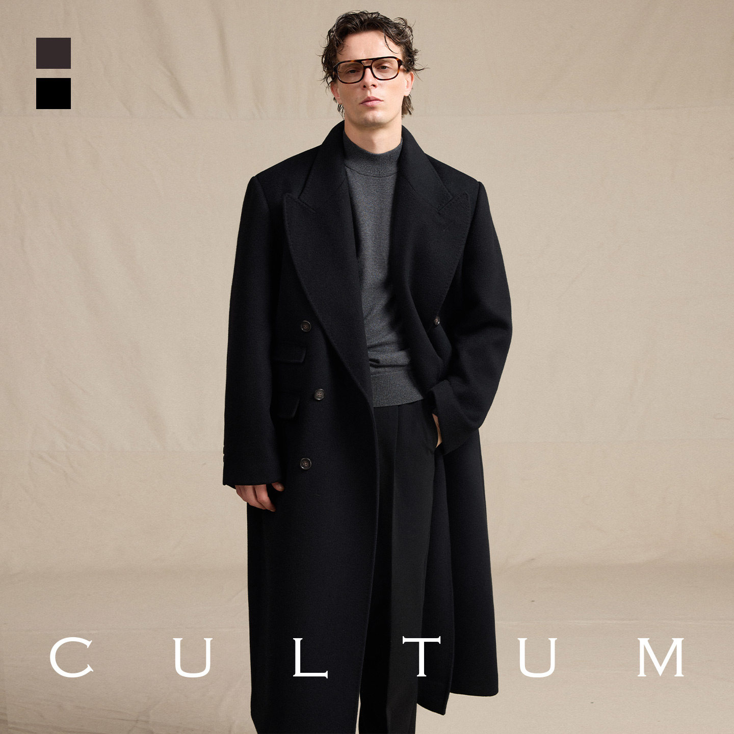 CULTUM100%羊毛加厚880g重柴斯特呢子大衣男中长款戗驳领双排外套