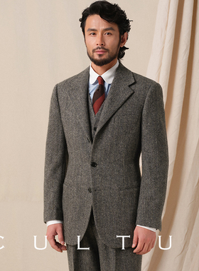 CULTUM 1930s复古加厚480g重磅全羊毛粗纺人字纹西服套装男三件套