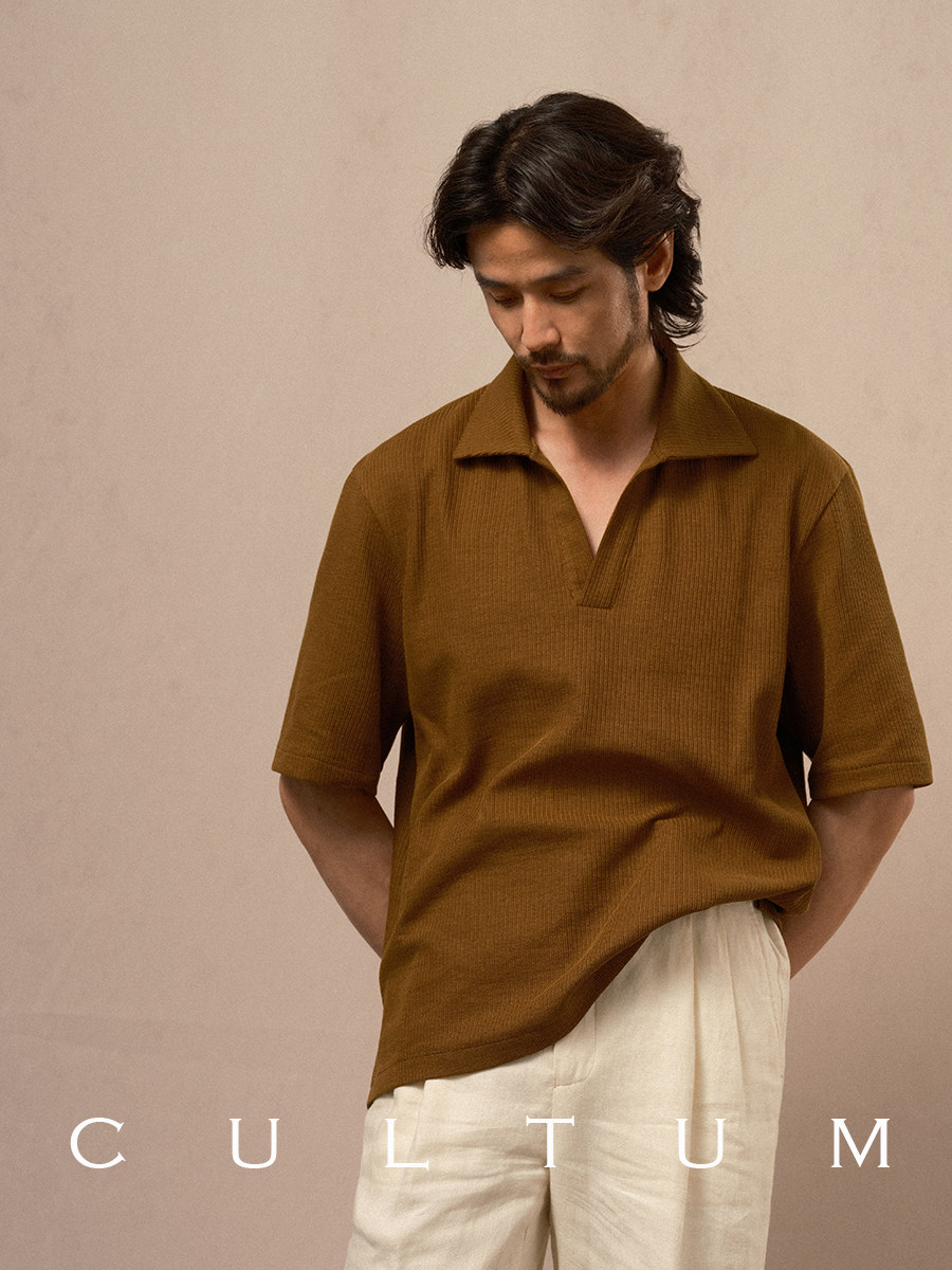 CULTUM SOFT LIGHT THREE-DIMENSIONAL STRIPE BREATHABLE KNIT POLO SHIRT MENS LOOSE CASUAL RETRO SOLID COLOR SHORT SLEEVES