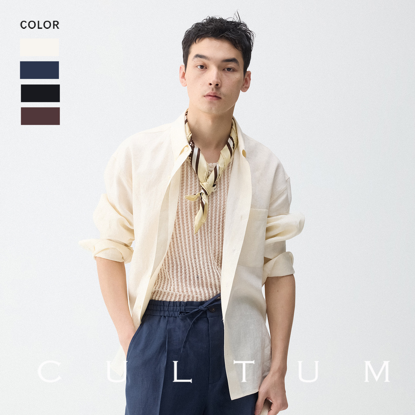 【100%14支亚麻】CULTUM松弛感透气薄款纽扣领衬衫男宽松休闲衬衣