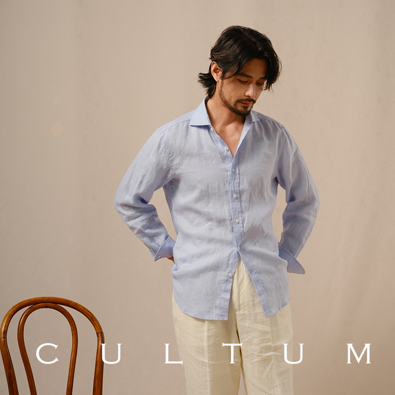 thumbnail for CULTUM100% French linen breathable boat neck shirt men's long sleeve solid color Italian casual Windsor collar shirt