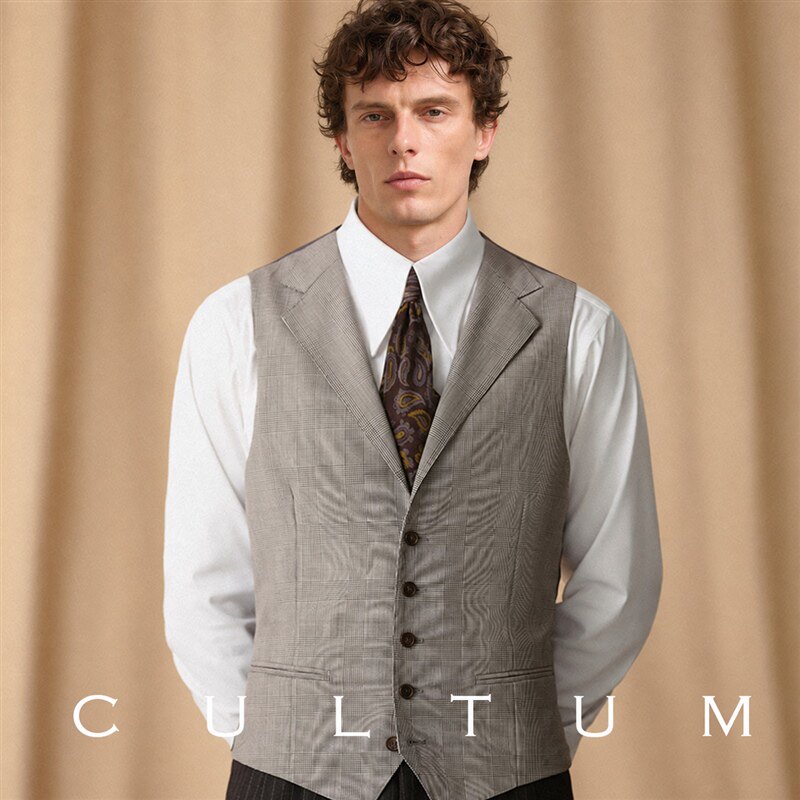 CULTUM ONE DAY精纺羊毛亲王格单排扣西装领免烫男士修身西装马甲