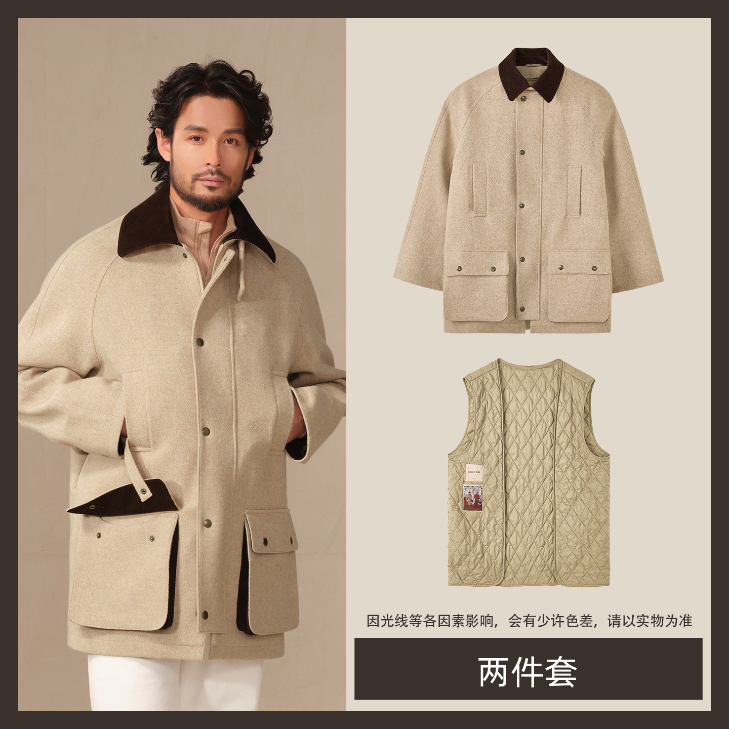 thumbnail for [100% wool is highly effective and waterproof] CULTUM outdoor hunting jacket fall/winter thickened lapel men's casual coat