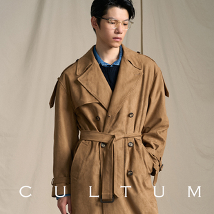CULTUM秋冬仿麂皮复古IVY学院风战壕骑士风衣男宽松中长款 外套