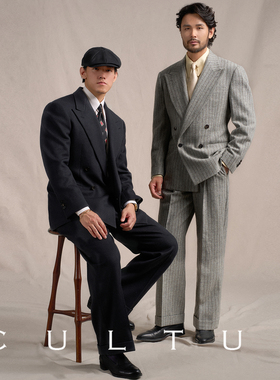 【1930s 480g重全羊毛】CULTUM秋冬加厚条纹双排戗驳领西服套装男