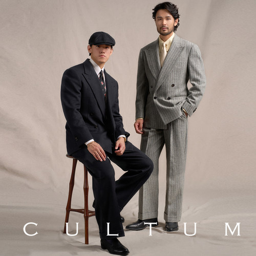 CULTUM全羊毛竖纹戗驳领西服套装