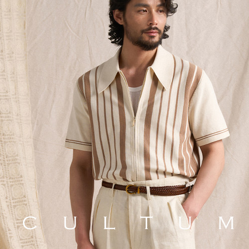 翻领拉链开衫条纹短袖针织POLO衫