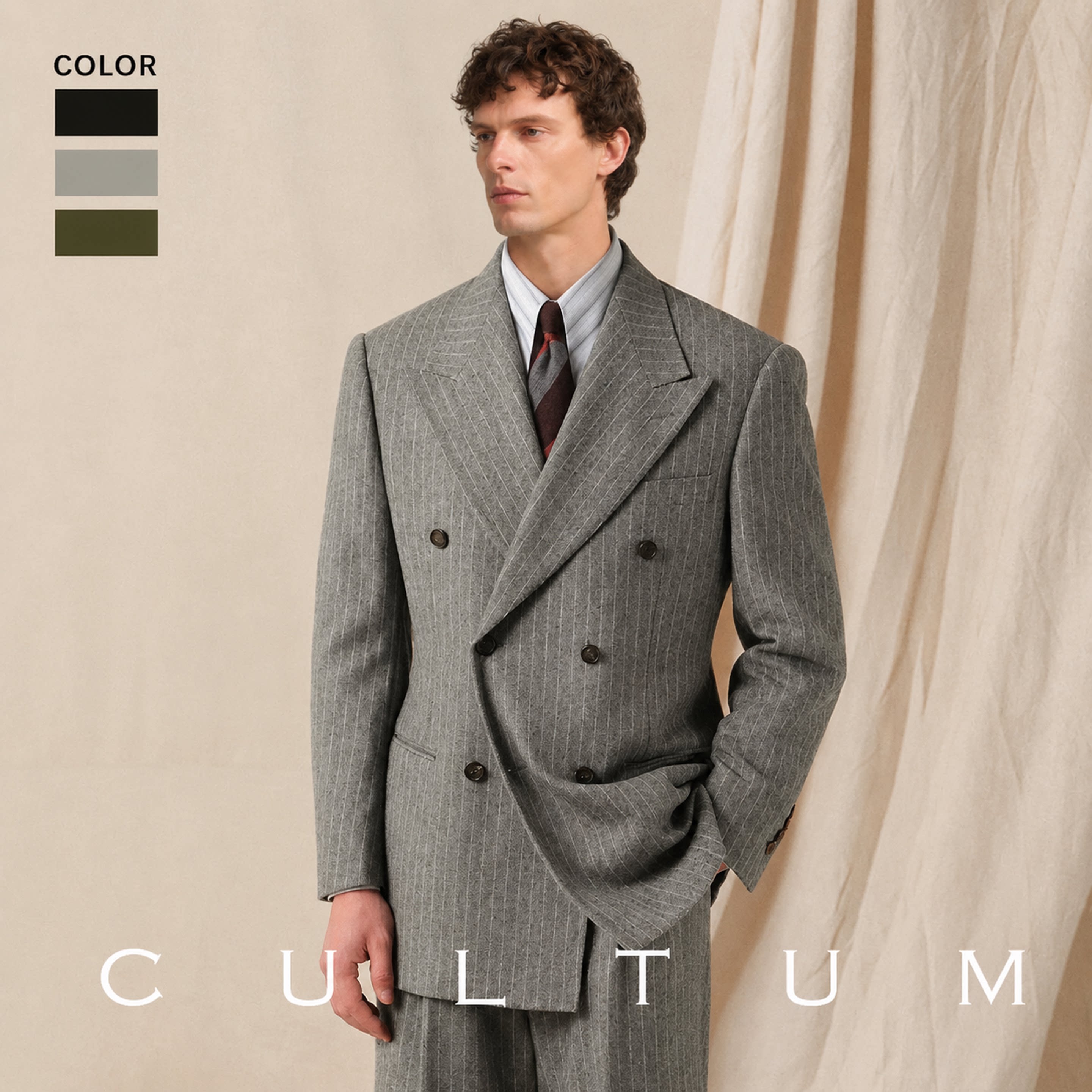 CULTUM 1930s复古羊毛银行家条纹西服套装男士休闲商务戗驳领西装