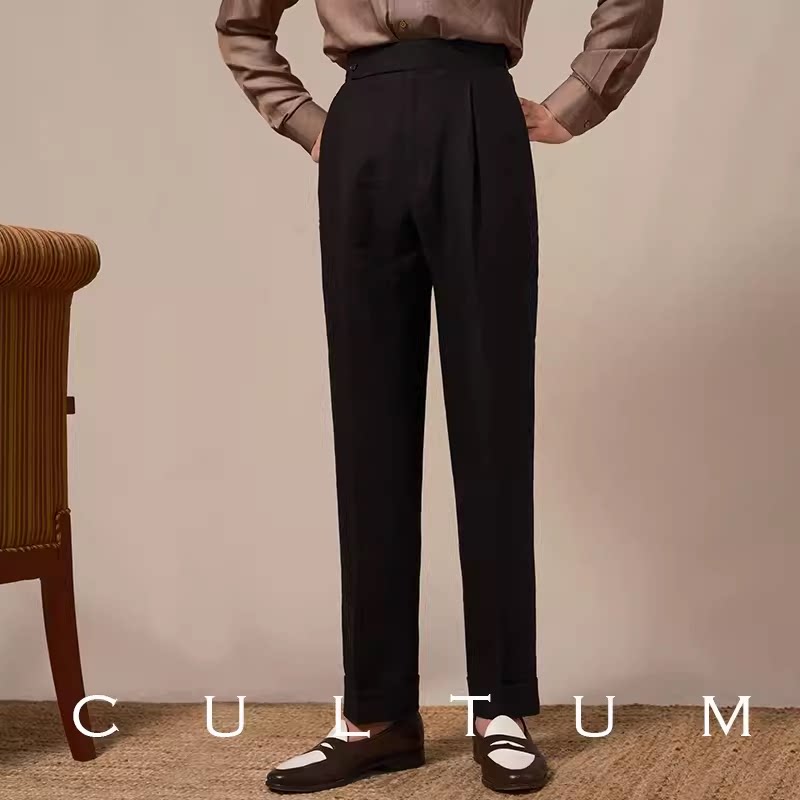 thumbnail for CULTUM Spring and Summer French Linen Neapolitan Single Pleated High-Waisted Trousers Men's Spring and Summer Lightweight Breathable Straight Pants