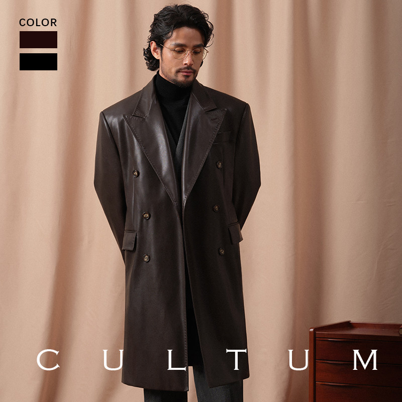 CULTUM戗驳领双排扣柴斯特皮大衣男中长款休闲复古纯色外套秋冬季