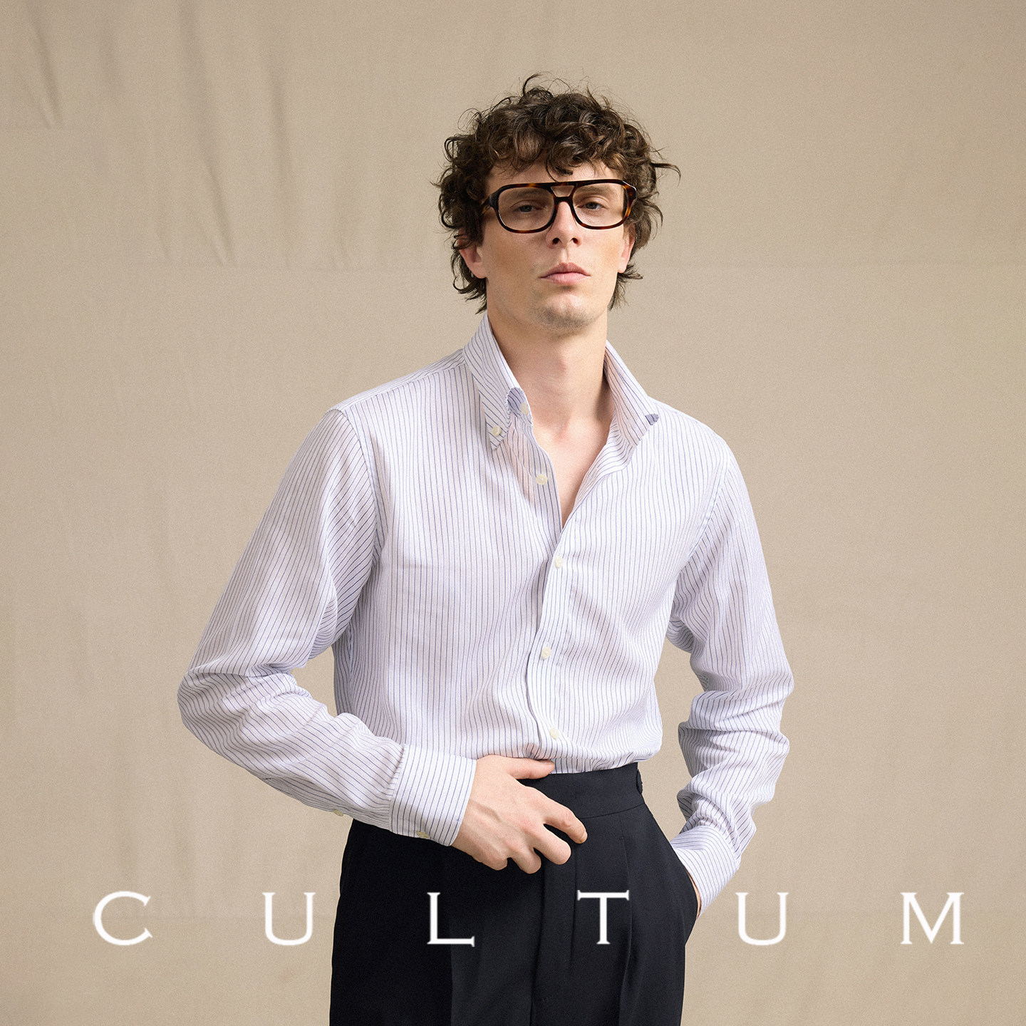 【120支双股全棉】CULTUM意式蓝白细条纹大尖纽扣领衬衫长袖男