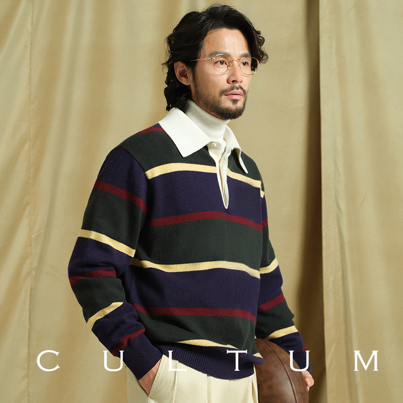 美丽诺羊毛橄榄球针织衫撞色条纹