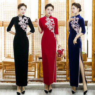 中老年大码 丝绒旗袍改良高端舞台演出服短袖 优雅显瘦 走秀长款 新款