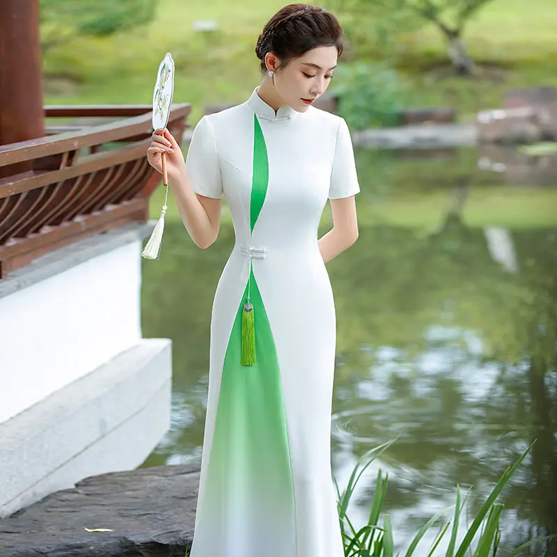 奥黛改良旗袍连衣裙2025新款夏走秀长款高端舞台演出服中国复古风