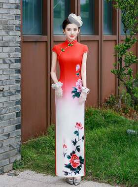 2026年新款长款走秀改良旗袍裙高端大气舞台演出服中国风花红柳绿