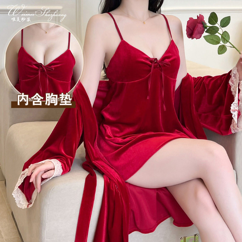 唯美纱秋冬带胸垫性感睡裙蝴蝶结吊带睡衣丝绒家居服睡裙外袍套装