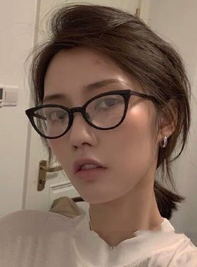 复古黑色猫眼黑框椭圆眼镜韩版网红同款素颜超轻简约平光近视镜架